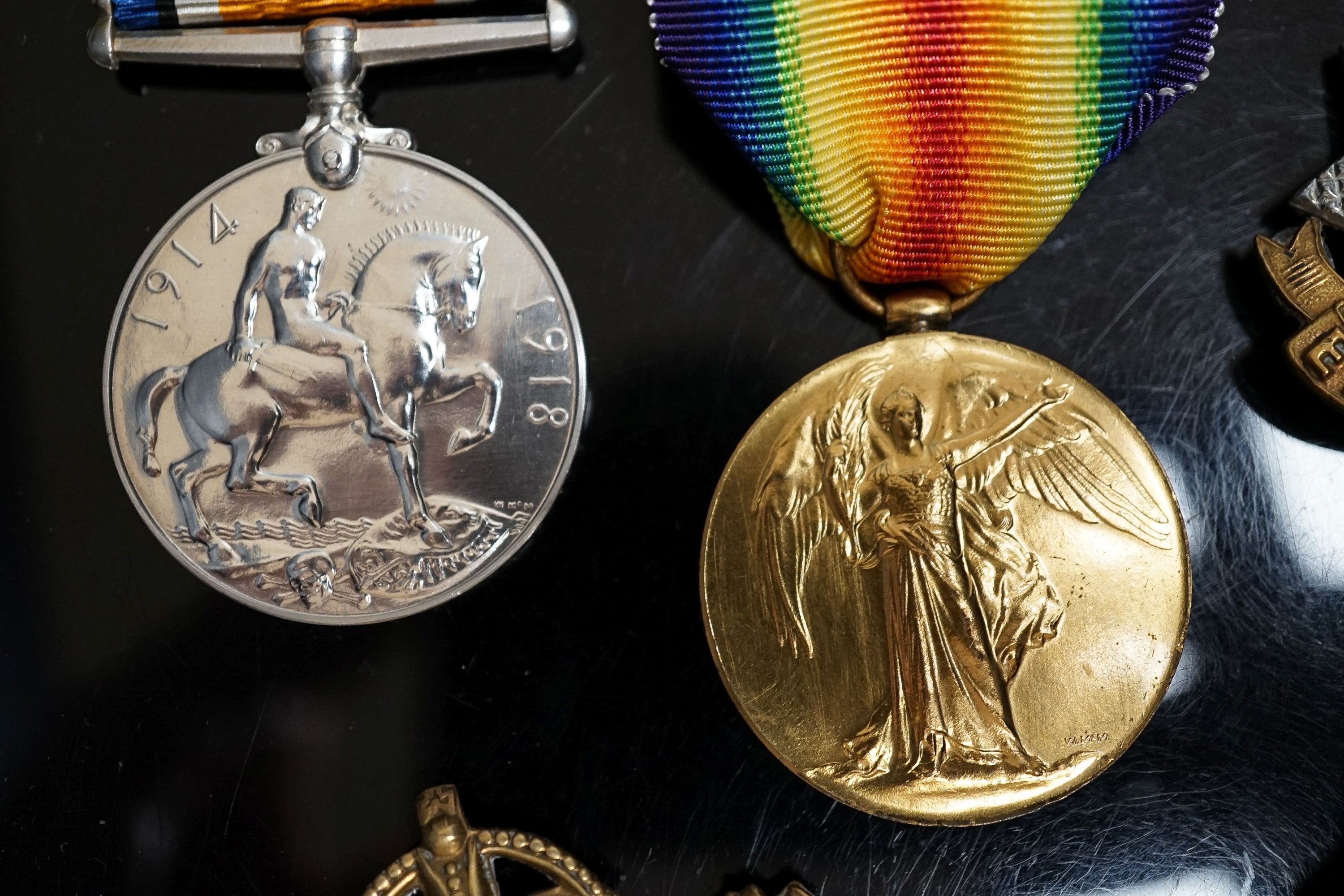 A WWI pair to 23125 PTE. H. ROFE E.SUR. R., together with an East Surrey Regiment cap badge, two other cap badges and a Gallipoli star